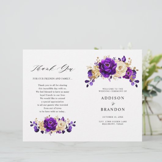 Royal Lila Violet Gold Botanical Wedding Program (Stehend Vorderseite)