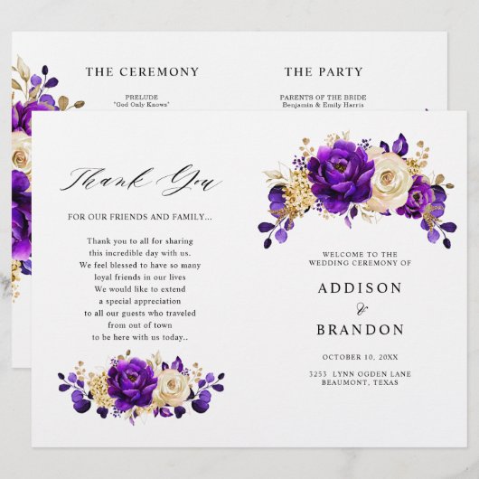 Royal Lila Violet Gold Botanical Wedding Program (Vorne/Hinten)