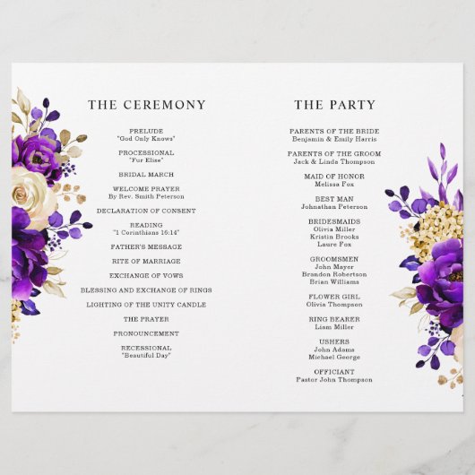 Royal Lila Violet Gold Botanical Wedding Program (Rückseite)