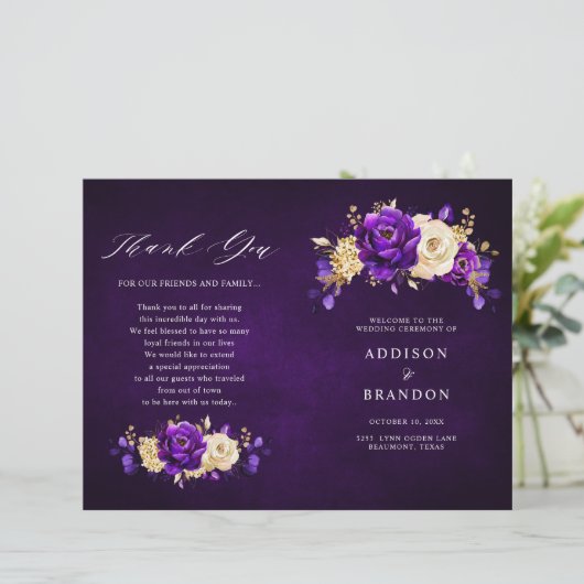 Royal Lila Violet Gold Botanical Wedding Program (Stehend Vorderseite)