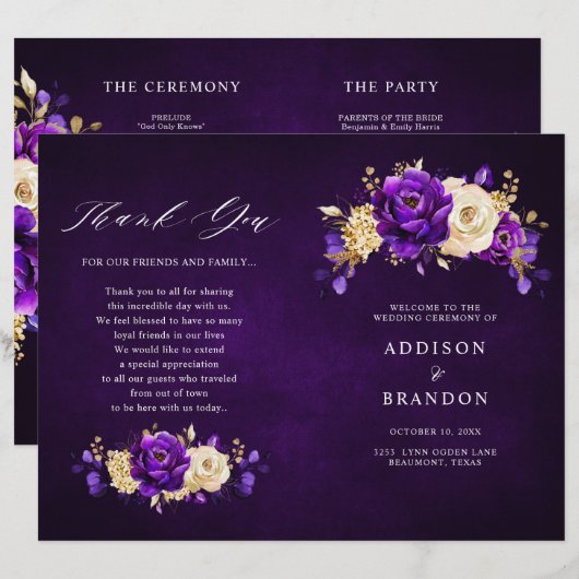 Royal Lila Violet Gold Botanical Wedding Program (Vorne/Hinten)