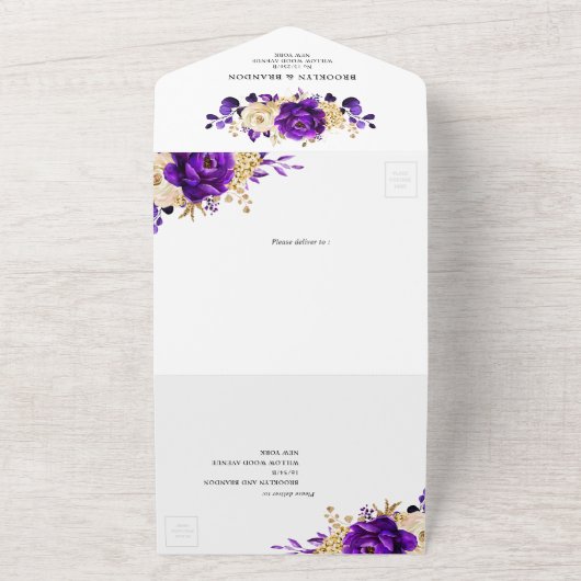 Royal Lila Violet Gold Floral Botanische Hochzeit All In One Einladung (Außenbereich)