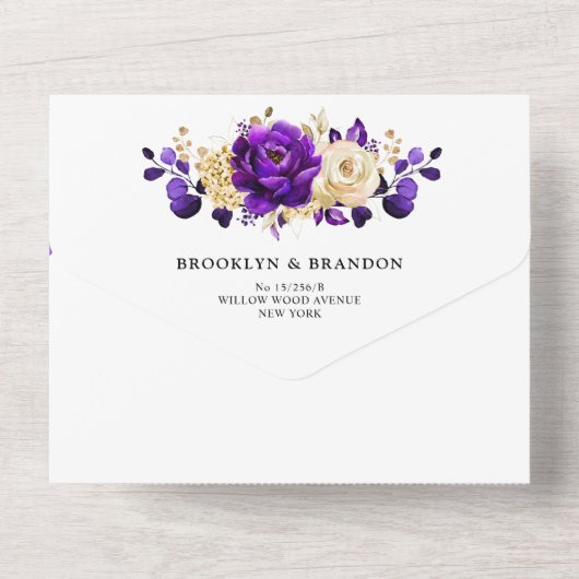 Royal Lila Violet Gold Floral Botanische Hochzeit All In One Einladung (Rückseite)