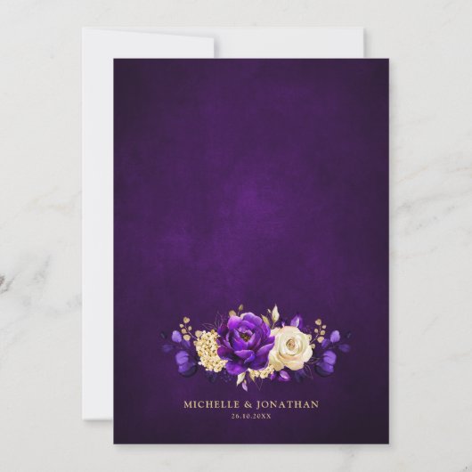 Royal Lila Violet Gold Floral Botanische Hochzeit Einladung (Rückseite)