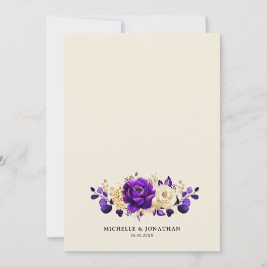 Royal Lila Violet Gold Floral Botanische Hochzeit Einladung (Rückseite)