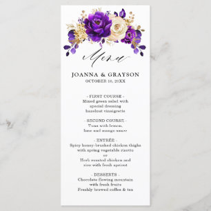 Royal Lila Violet Gold Floral Botanische Hochzeit Menükarte