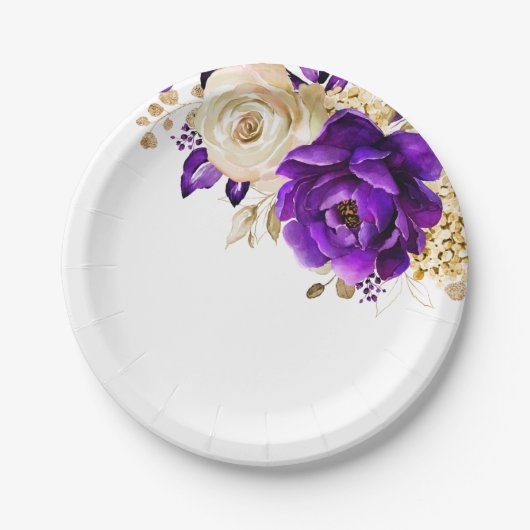 Royal Lila Violet Gold Floral Botanische Hochzeit Pappteller (Vorderseite)