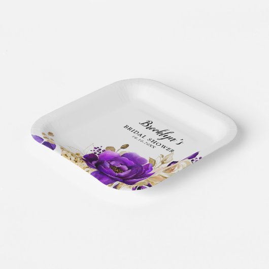 Royal Lila Violet Gold Floral Botanische Hochzeit Pappteller (Gewinkelt)