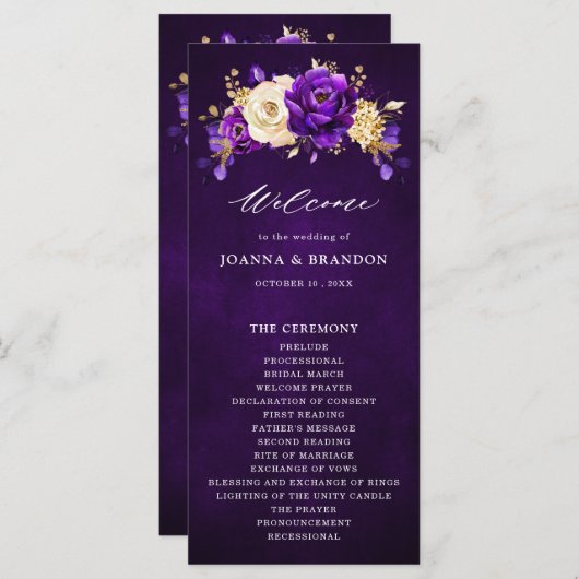 Royal Lila Violet Gold Floral Botanische Hochzeit Programm (Vorne/Hinten)
