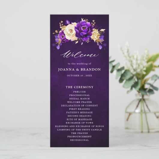 Royal Lila Violet Gold Floral Botanische Hochzeit Programm (Stehend Vorderseite)