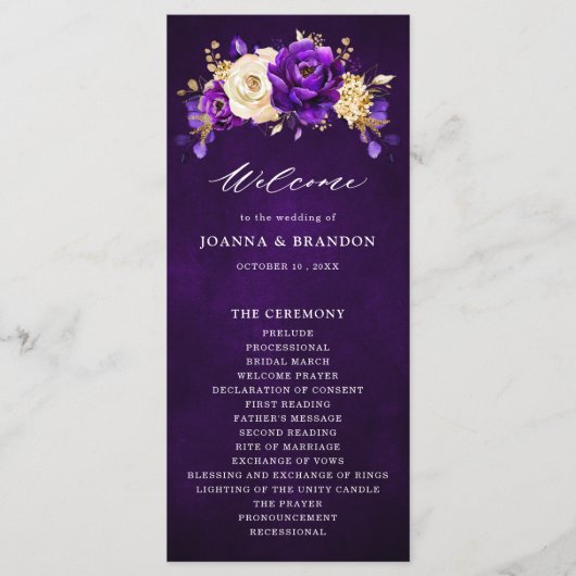 Royal Lila Violet Gold Floral Botanische Hochzeit Programm (Vorderseite)