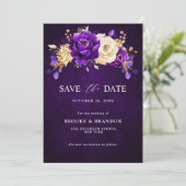 Royal Lila Violet Gold Floral Botanische Hochzeit Save The Date (Stehend Vorderseite)