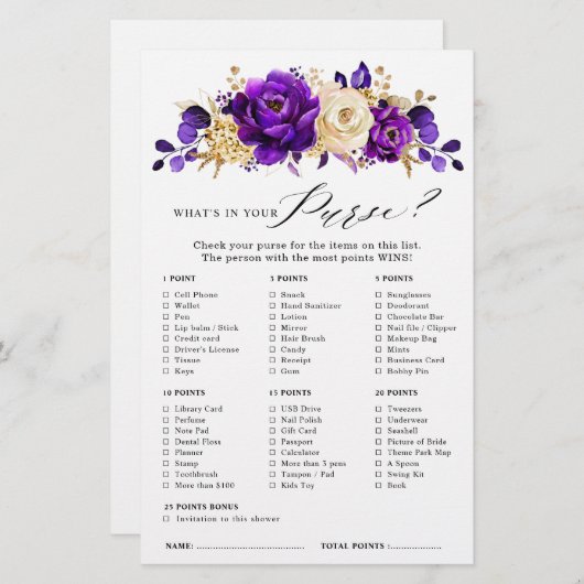 Royal Lila Violet Gold Floral Brautparty Game (Vorne/Hinten)
