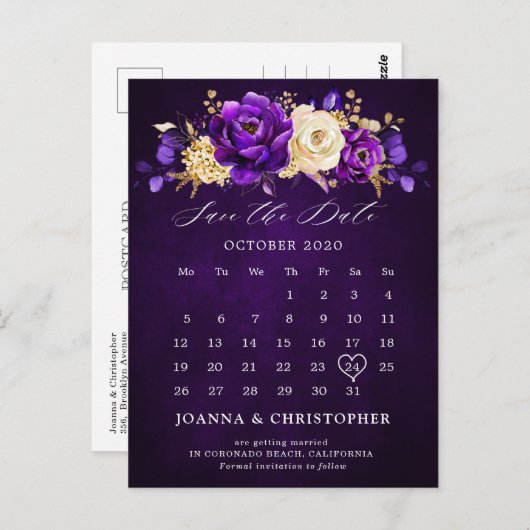 Royal Lila Violet Gold Floral Save the Date Post Postkarte (Vorne/Hinten)