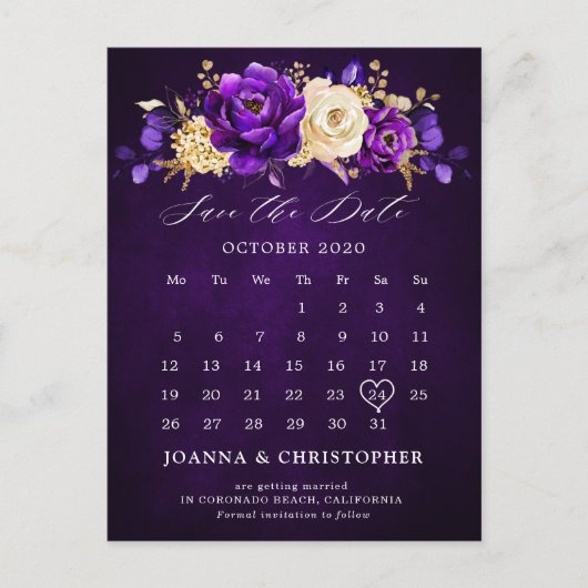 Royal Lila Violet Gold Floral Save the Date Post Postkarte (Vorderseite)
