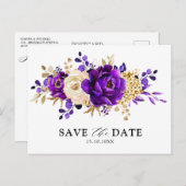 Royal Lila Violet Gold Floral Save the Date Postkarte (Vorne/Hinten)