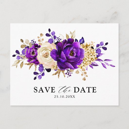 Royal Lila Violet Gold Floral Save the Date Postkarte (Vorderseite)