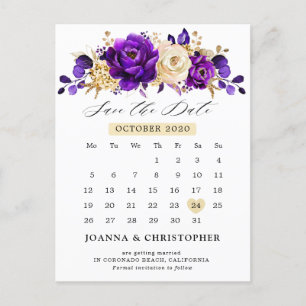 Royal Lila Violet Gold Floral Save the Date Postkarte