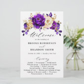 Royal Lila Violet Gold Floral Wedding Program (Stehend Vorderseite)