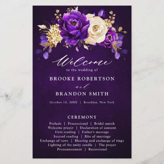 Royal Lila Violet Gold Floral Wedding Program (Vorderseite)