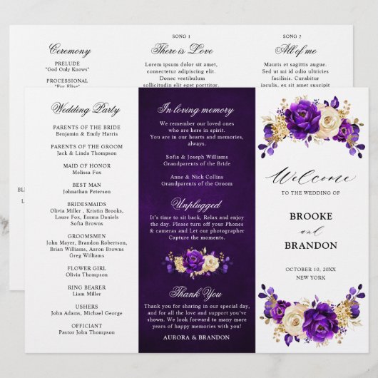 Royal Lila Violet Gold Wedding Dreifachprogramm (Vorne/Hinten)