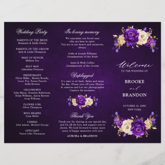 Royal Lila Violet Gold Wedding Tri Fold Program (Vorderseite)