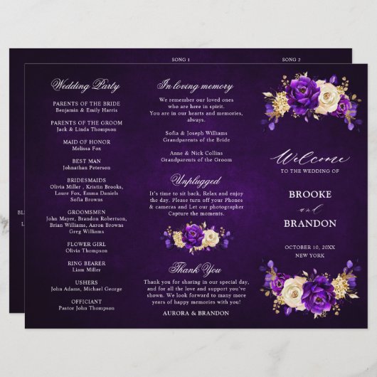 Royal Lila Violet Gold Wedding Tri Fold Program (Vorne/Hinten)
