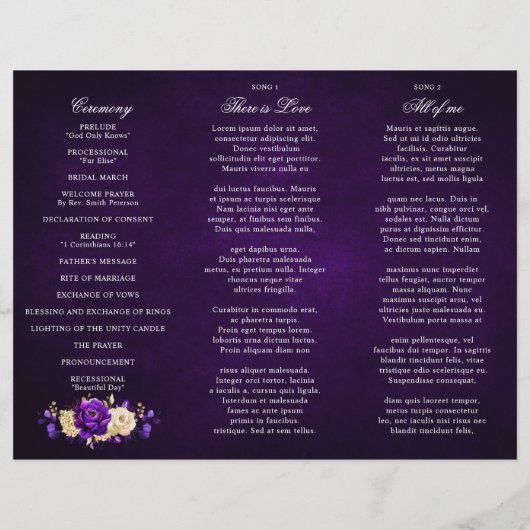Royal Lila Violet Gold Wedding Tri Fold Program (Rückseite)