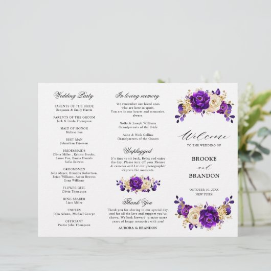 Royal Lila Violet Gold Wedding Tri Fold Program (Stehend Vorderseite)