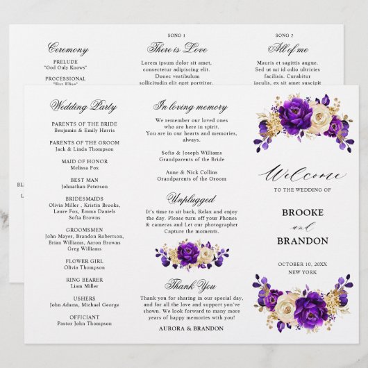 Royal Lila Violet Gold Wedding Tri Fold Program (Vorne/Hinten)