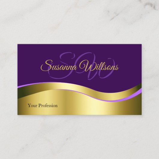 Royal Lila Wavy Gold Deco mit Initials Elegant Visitenkarte (Vorderseite)