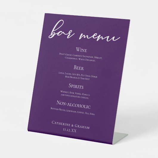 Royal Lila White Script Wedding Bar Menu Sockelschild (Vorderseite)
