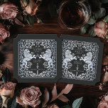 Royal Lion Medieval Sword Wedding Black Ticket Untersetzer<br><div class="desc">Fügen Sie Ihrem Tischfußball königlichen Charme hinzu! Diese individuellen Hochzeitsfeier-Untersetzer zeichnen sich durch ein majestätisches Löwen- und Blumendesign mit Ihren Namen und Monogramm aus, alle in luxuriösem Silber vor schwarzem Hintergrund. Ideal für eine mittelalterliche Fantasy-Feier mit zeitloser Eleganz! Das Silber dieses Artikels ist NICHT reale Folie und wird in flachen...</div>