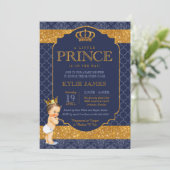 Royal Little Prince Navy Blue Gold Baby Dusche Einladung (Stehend Vorderseite)