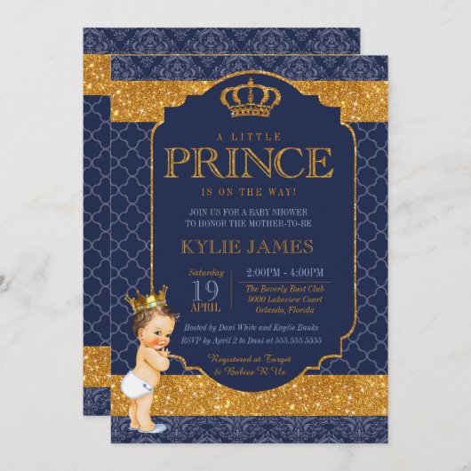 Royal Little Prince Navy Blue Gold Baby Dusche Einladung (Vorne/Hinten)