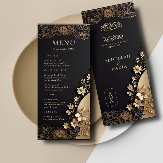 Royal & Luxury Golden Floral Ismic Wedding Menükarte