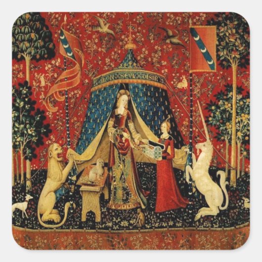 Royal Maiden und Unicorn Quadratischer Aufkleber (Vorderseite)