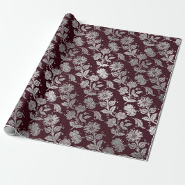 Royal Maroon Burgundy Floral Silver Rose Shiny Geschenkpapier