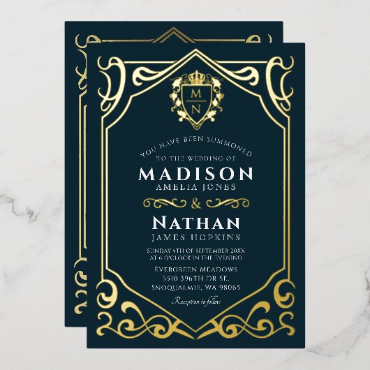 Royal Medieval Fantasy Monogram Wedding Folieneinladung (Vorderseite/Rückseite)