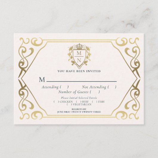 Royal Medieval Fantasy Monogram Wedding RSVP Begleitkarte (Vorderseite)