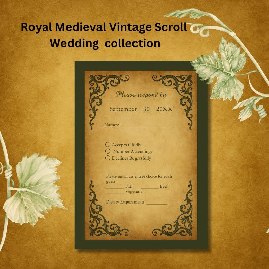 Royal Medieval Vintag Scroll Wedding RSVP Karte