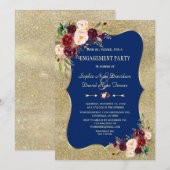 Royal Navy Blue Blush Floral Gold Verlobung Einladung (Vorne/Hinten)