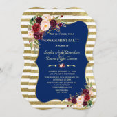 Royal Navy Blue Blush Floral Gold Verlobung Einladung (Vorne/Hinten)