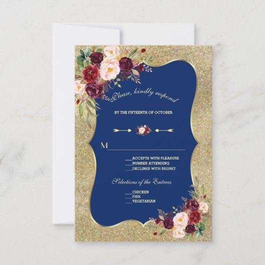 Royal Navy Blue Blush Floral Gold Wedding RSVP Karte (Vorderseite)