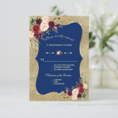 Royal Navy Blue Blush Floral Gold Wedding RSVP Karte (Stehend Vorderseite)