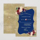 Royal Navy Blue Blush Floral Gold Wedding RSVP Karte (Vorne/Hinten)