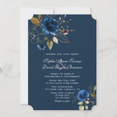 Royal Navy Blue Gold Blume Hochzeit Einladung (Vorderseite)