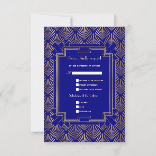 Royal Navy Blue Gold Gatsby Art Deco RSVP Karte (Vorderseite)