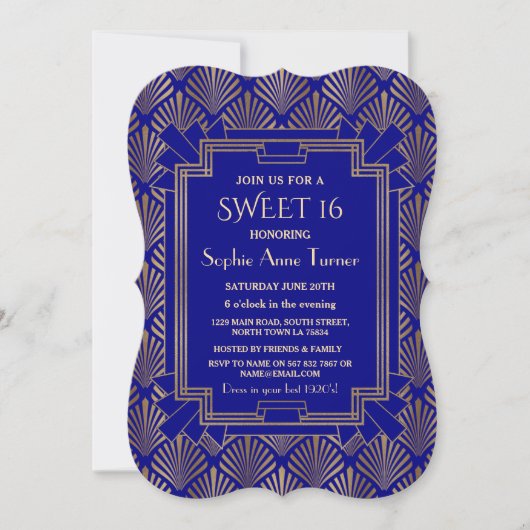 Royal Navy Blue Gold Great Gatsby Art Dec SWEET 16 Einladung (Vorderseite)