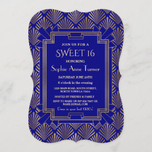 Royal Navy Blue Gold Great Gatsby Art Dec SWEET 16 Einladung
